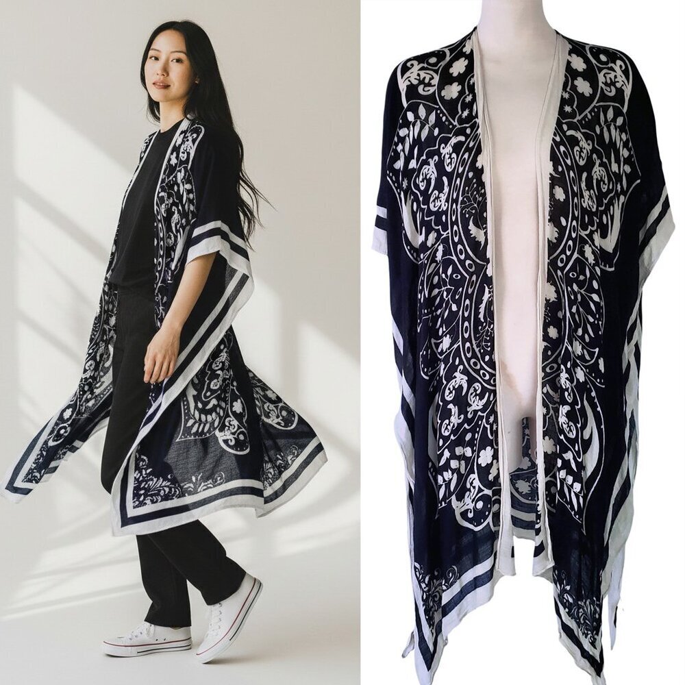 Yak & Yedi Black & White Gauzy Flowing Kimono Shawl Midi Coastal Cowgirl O/S